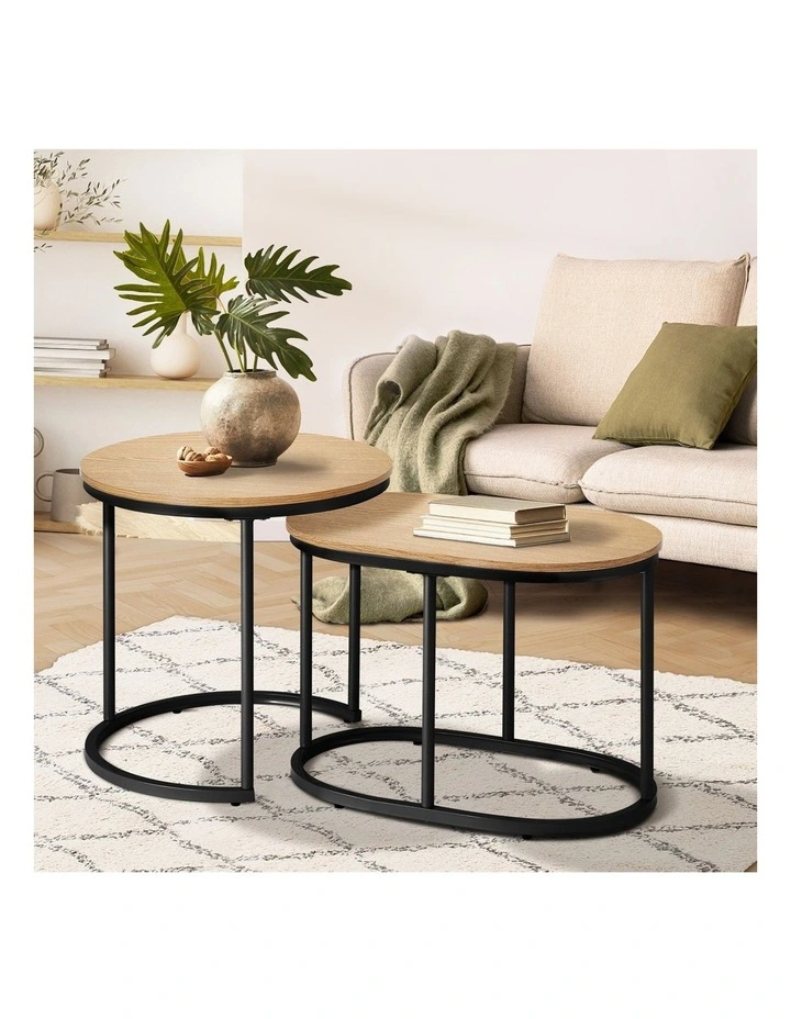 Oikiture Set of 2 Coffee Table Nesting Round Oval Side End Tables Natural image 4