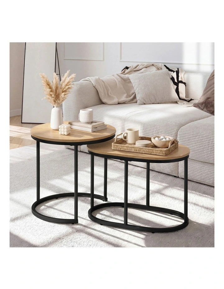 Oikiture Set of 2 Coffee Table Nesting Round Oval Side End Tables Natural image 5