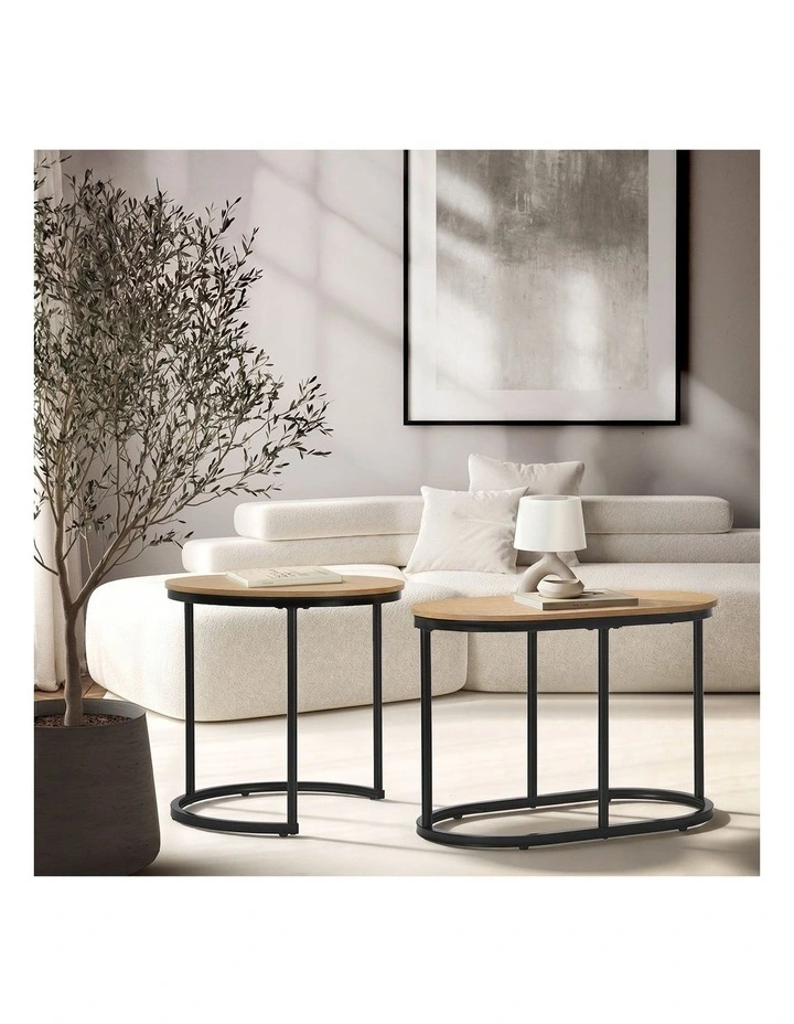 Oikiture Set of 2 Coffee Table Nesting Round Oval Side End Tables Natural image 7