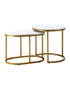 Oikiture Set of 2 Coffee Table Round Oval Marble-like Nesting Side Tables Gold