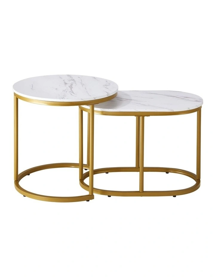 Oikiture Set of 2 Coffee Table Round Oval Marble-like Nesting Side Tables Gold image 2