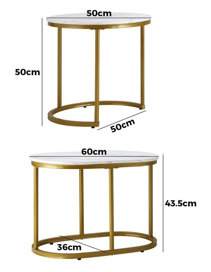 Oikiture Set of 2 Coffee Table Round Oval Marble-like Nesting Side Tables Gold image 3