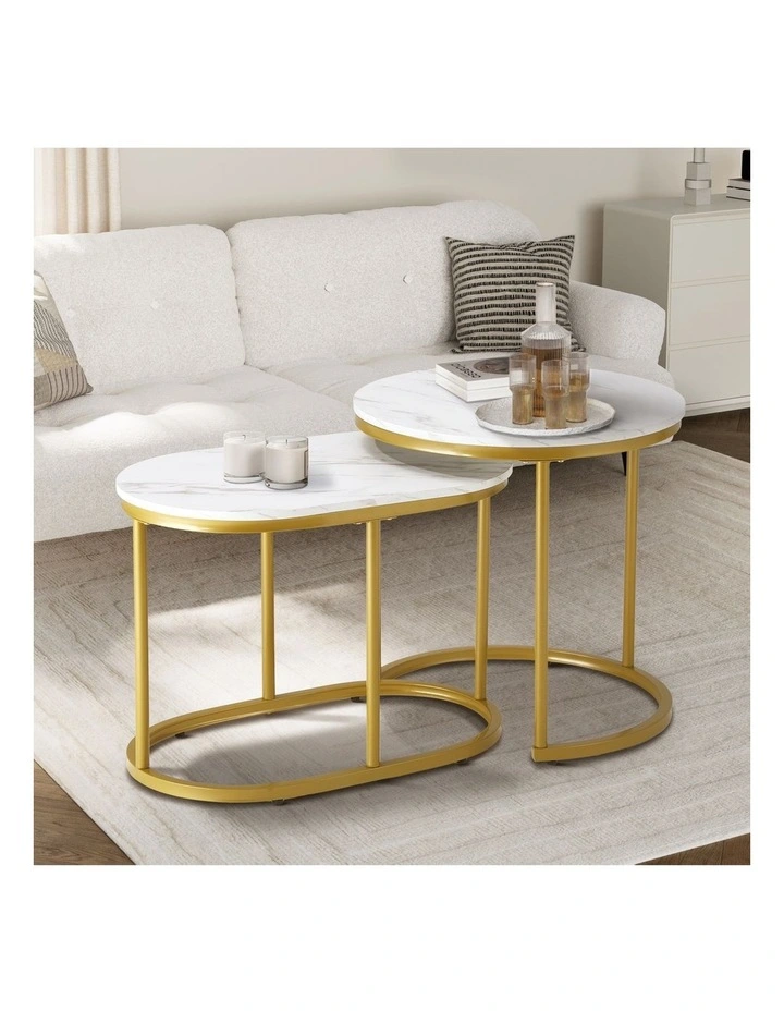 Oikiture Set of 2 Coffee Table Round Oval Marble-like Nesting Side Tables Gold image 4