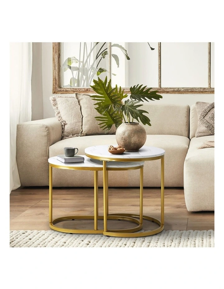 Oikiture Set of 2 Coffee Table Round Oval Marble-like Nesting Side Tables Gold image 5