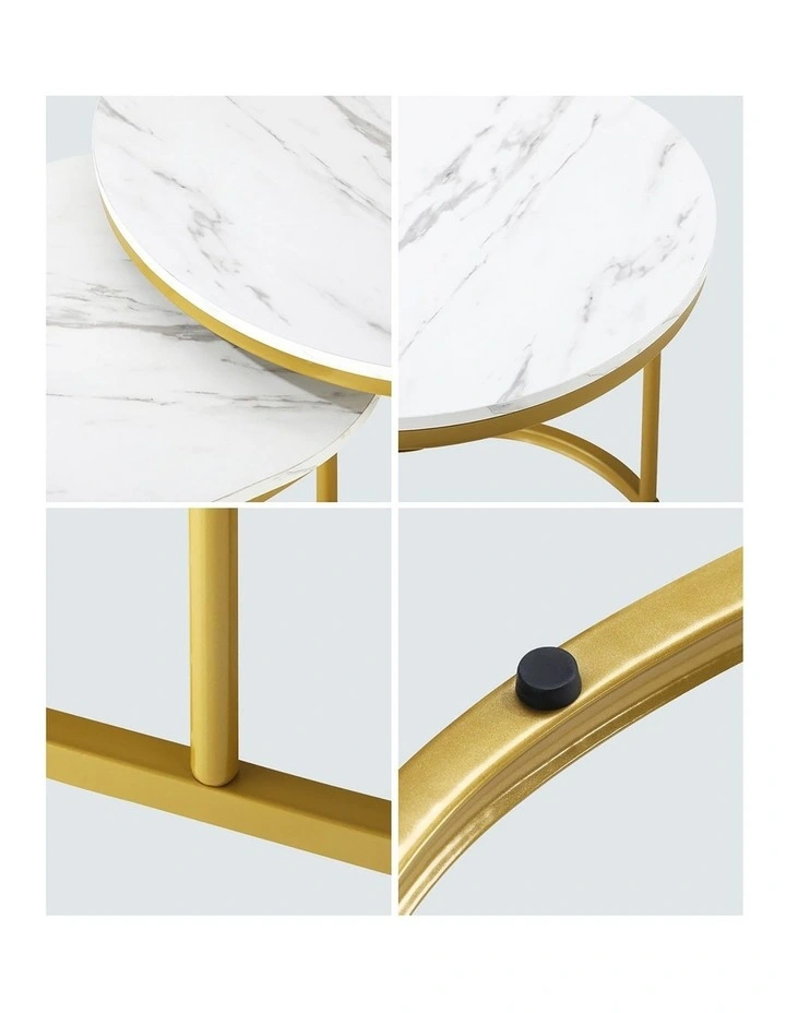Oikiture Set of 2 Coffee Table Round Oval Marble-like Nesting Side Tables Gold image 6