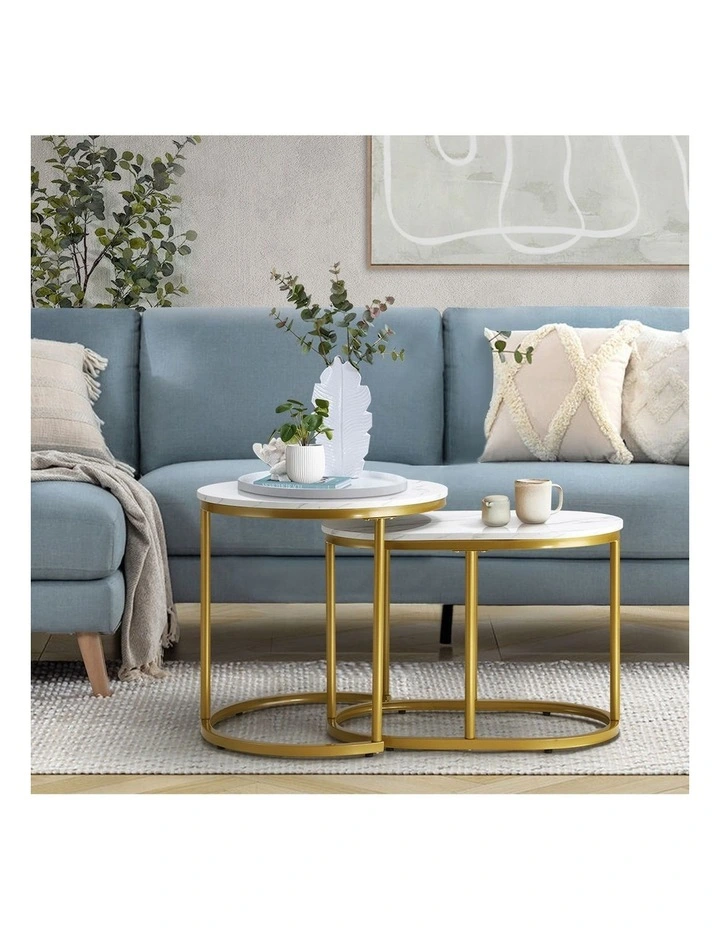 Oikiture Set of 2 Coffee Table Round Oval Marble-like Nesting Side Tables Gold image 7