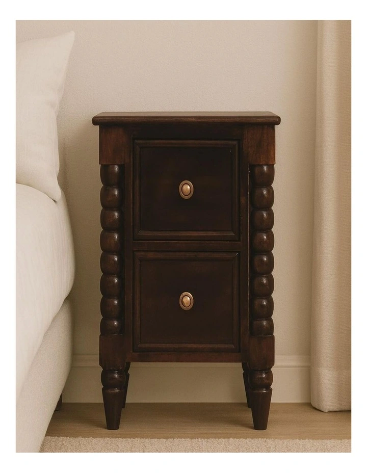 Solid Wood Spindle Winewood Nightstand, 2 Drawers, Brown image 2