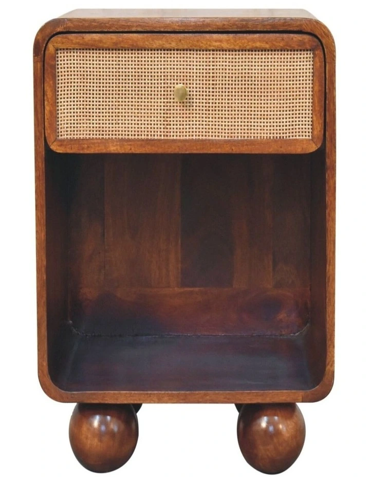 Solid Wood Chestnut Open Woven Bedside, 1 Drawer & 1 Shelf, Brown image 1