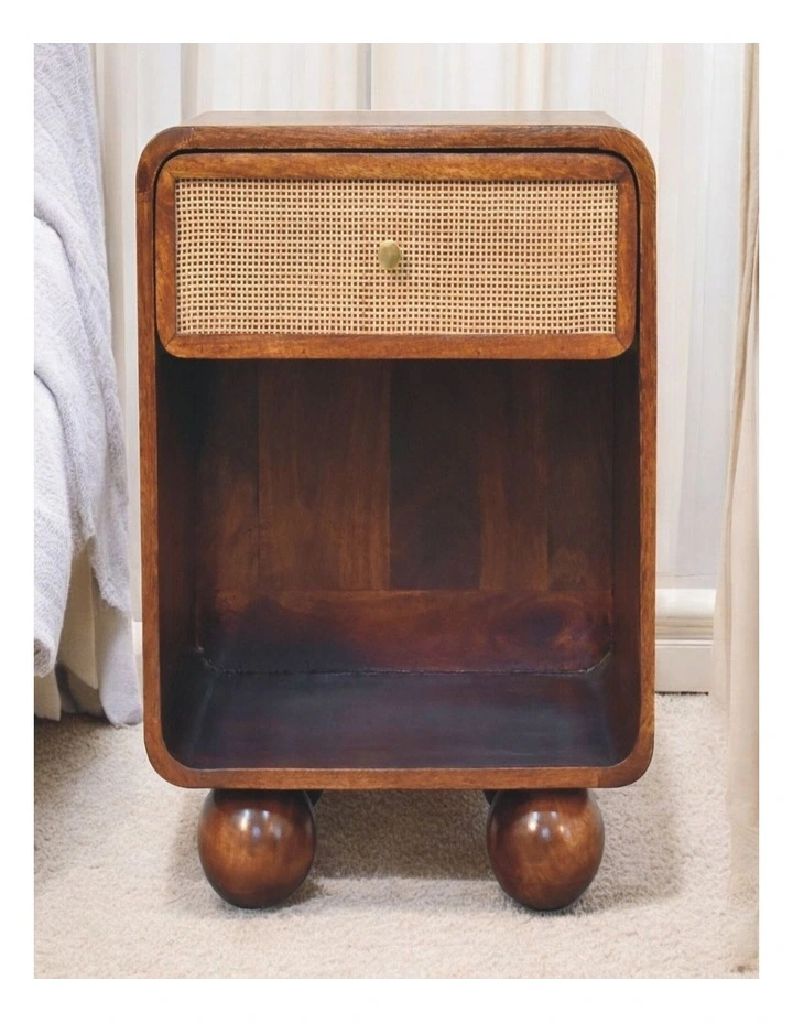 Solid Wood Chestnut Open Woven Bedside, 1 Drawer & 1 Shelf, Brown image 2