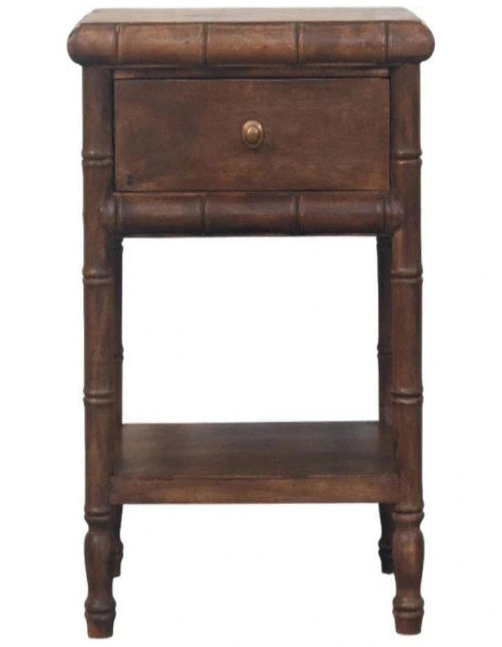 Solid Wood Bamboo Carved Bedside Table, 1 Drawer, 1 Shelf, Brown image 1