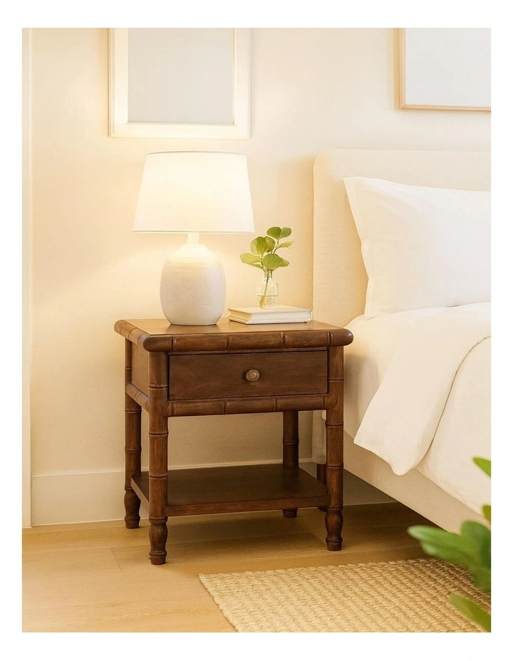 Solid Wood Bamboo Carved Bedside Table, 1 Drawer, 1 Shelf, Brown image 2