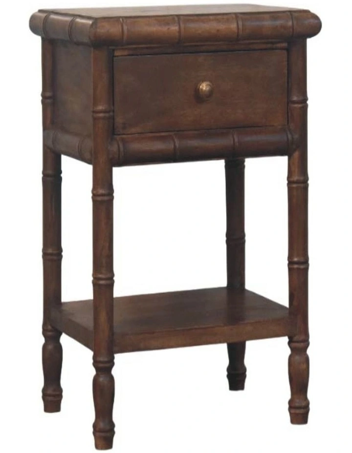 Solid Wood Bamboo Carved Bedside Table, 1 Drawer, 1 Shelf, Brown image 3