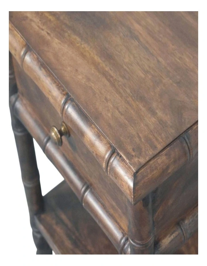 Solid Wood Bamboo Carved Bedside Table, 1 Drawer, 1 Shelf, Brown image 4
