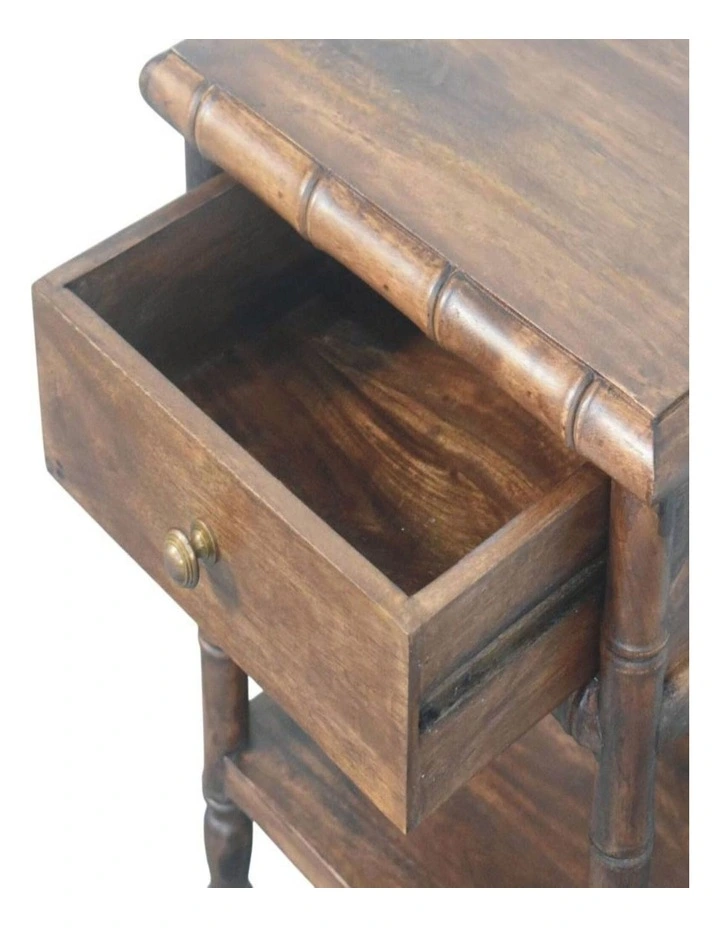 Solid Wood Bamboo Carved Bedside Table, 1 Drawer, 1 Shelf, Brown image 5