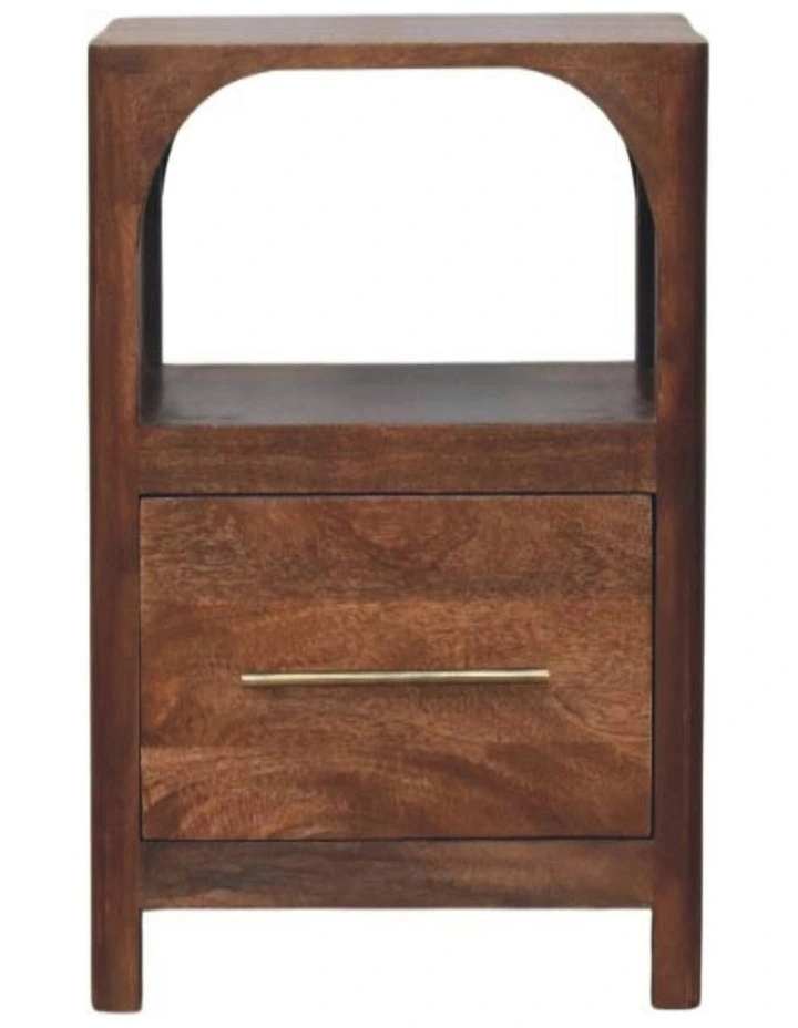 Solid Wood Arc-Line Bedside Table, 1 Drawer & 1 Open Slot, Brown image 1