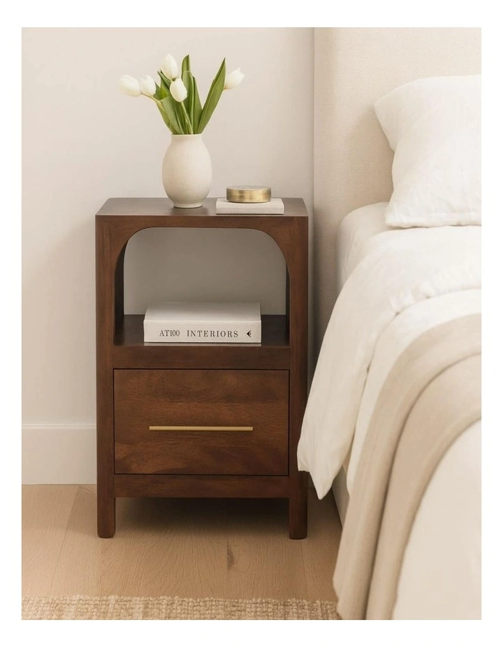 Solid Wood Arc-Line Bedside Table, 1 Drawer & 1 Open Slot, Brown image 2