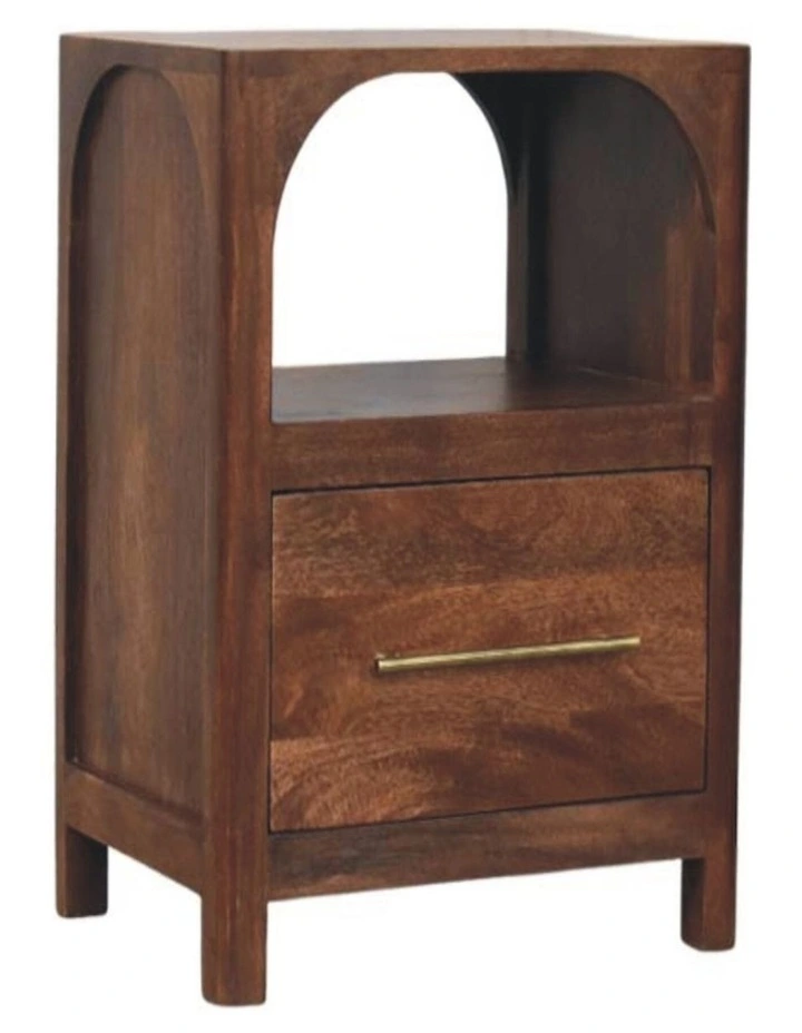Solid Wood Arc-Line Bedside Table, 1 Drawer & 1 Open Slot, Brown image 3