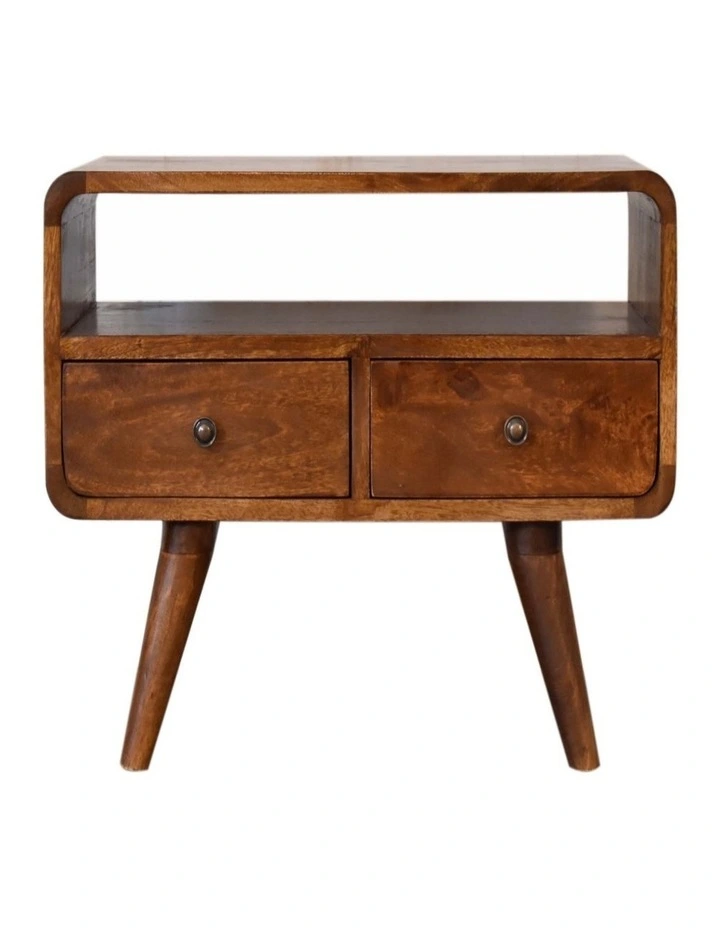 Solid Wood Mini Chestnut Curved Media Unit with 2 Drawers, Brown image 1