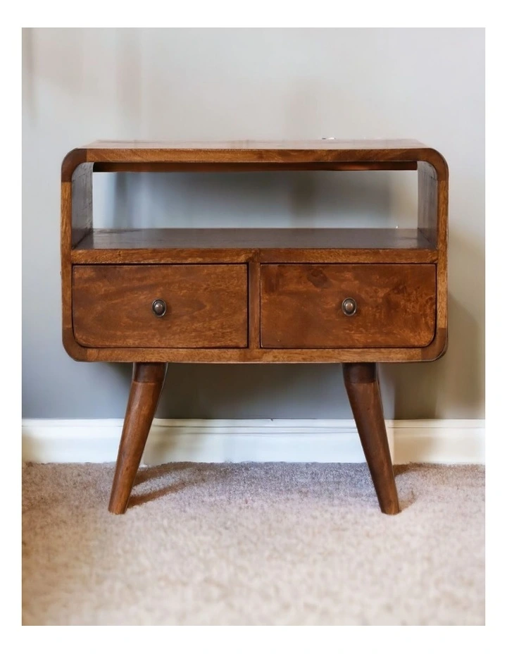 Solid Wood Mini Chestnut Curved Media Unit with 2 Drawers, Brown image 2
