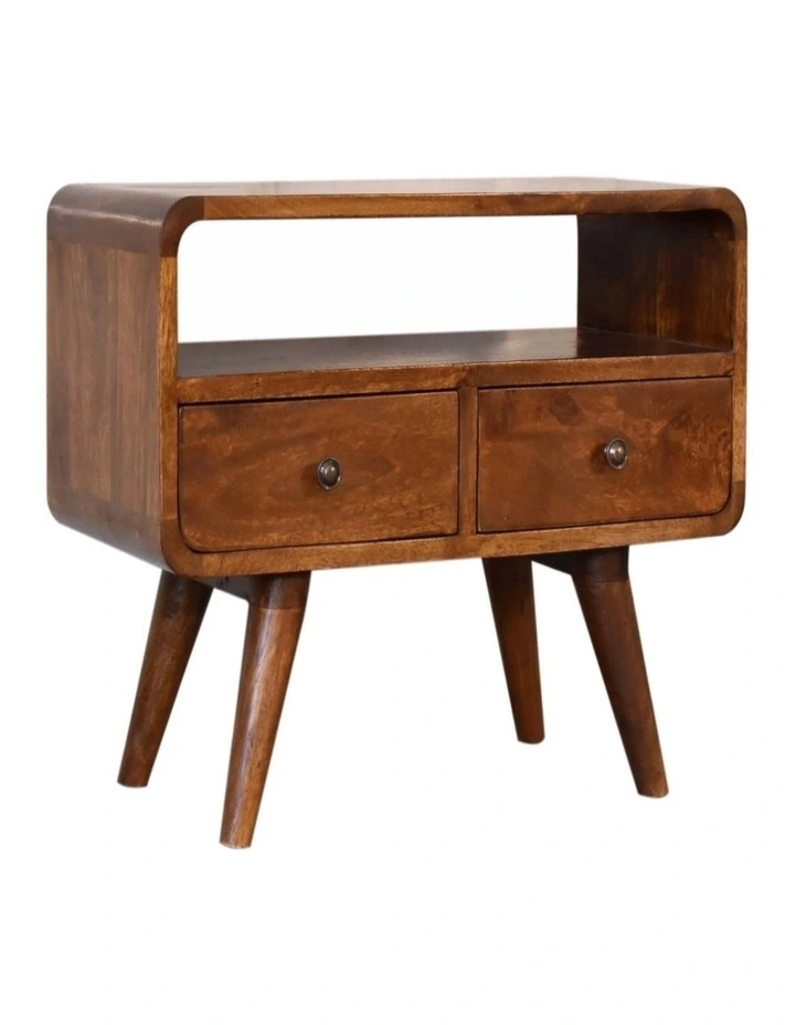 Solid Wood Mini Chestnut Curved Media Unit with 2 Drawers, Brown image 3