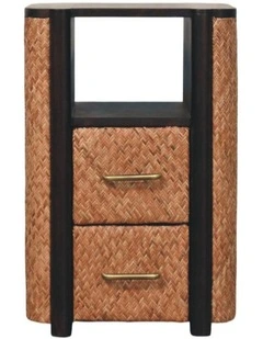 Solid Wood Rattan Curve Edge Nightstand, 2 Drawers, 1 Shelf, Brown