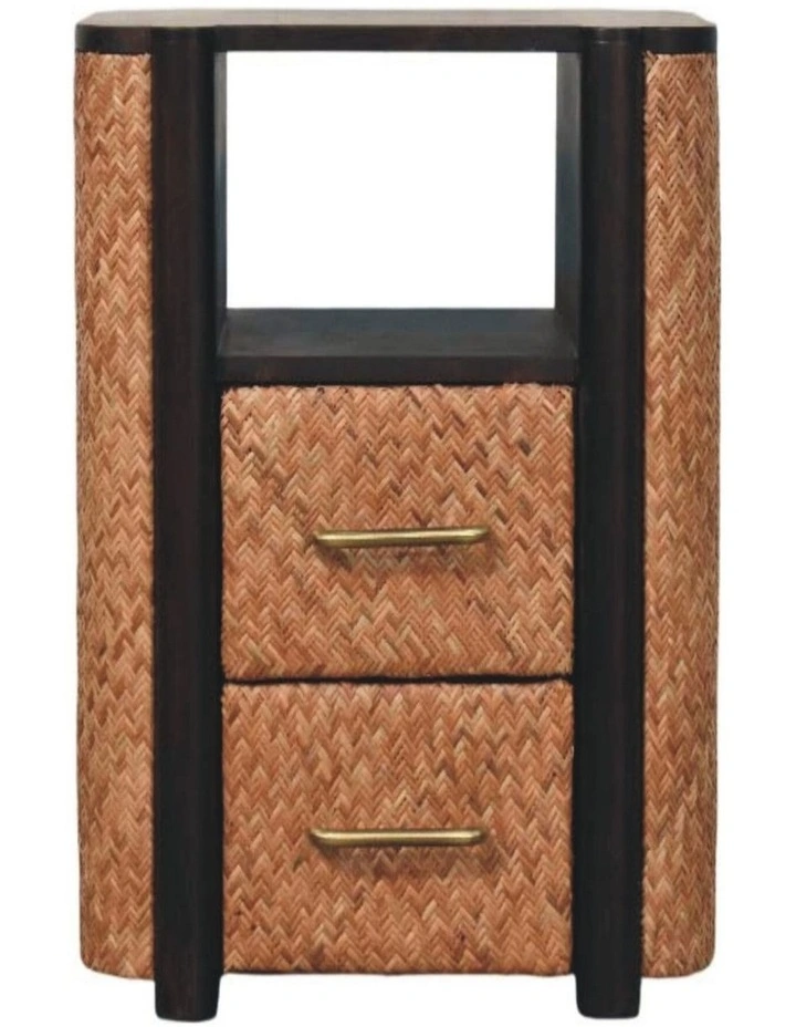Solid Wood Rattan Curve Edge Nightstand, 2 Drawers, 1 Shelf, Brown image 1