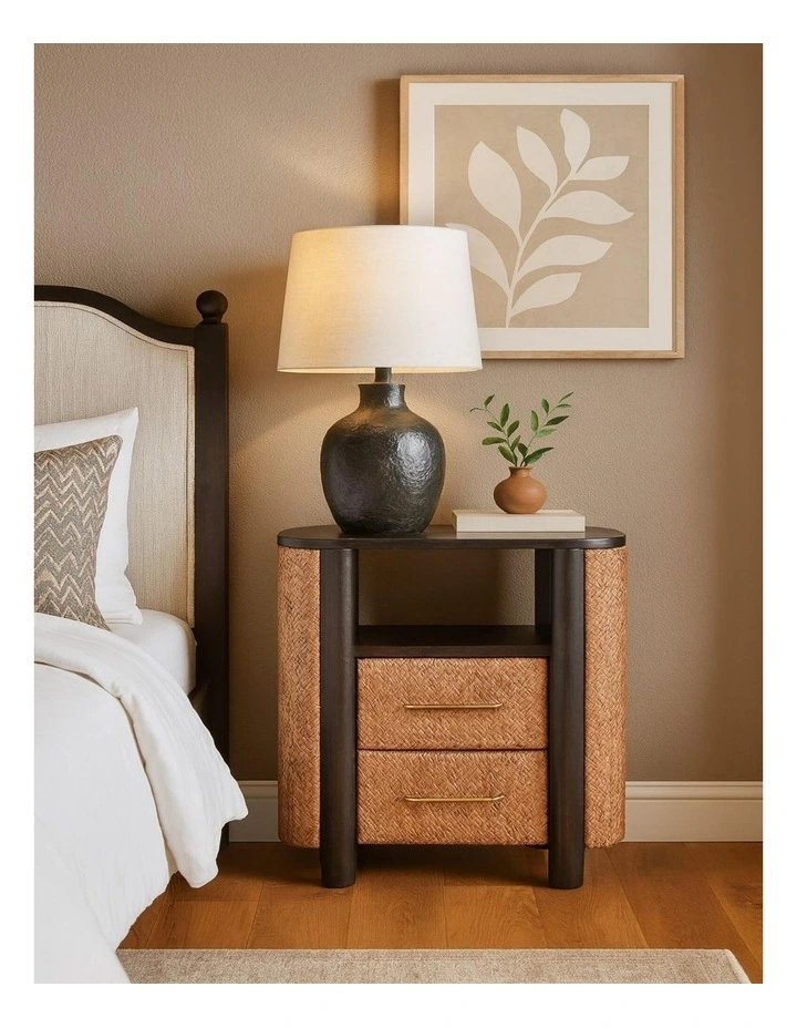 Solid Wood Rattan Curve Edge Nightstand, 2 Drawers, 1 Shelf, Brown image 2