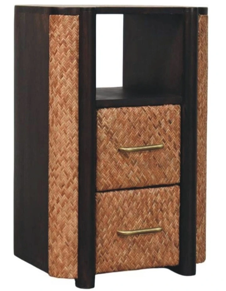 Solid Wood Rattan Curve Edge Nightstand, 2 Drawers, 1 Shelf, Brown image 3