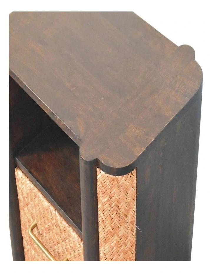 Solid Wood Rattan Curve Edge Nightstand, 2 Drawers, 1 Shelf, Brown image 4