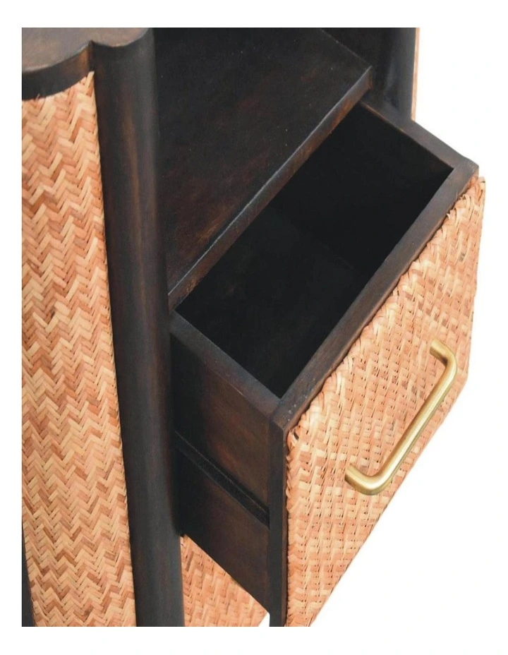 Solid Wood Rattan Curve Edge Nightstand, 2 Drawers, 1 Shelf, Brown image 5