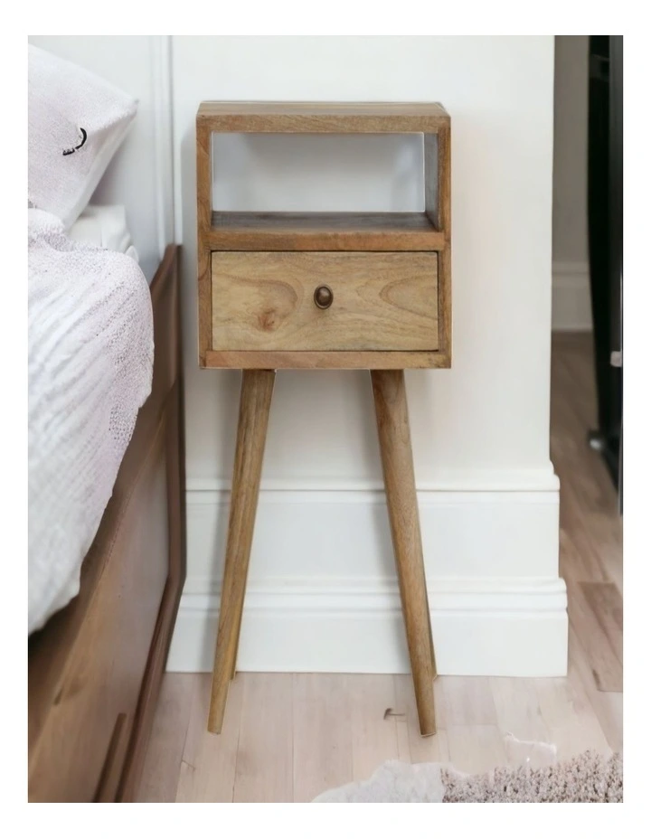Solid Wood Mini Oak-ish Bedside, 1 Drawer, 1 Open Slot, Beige image 2