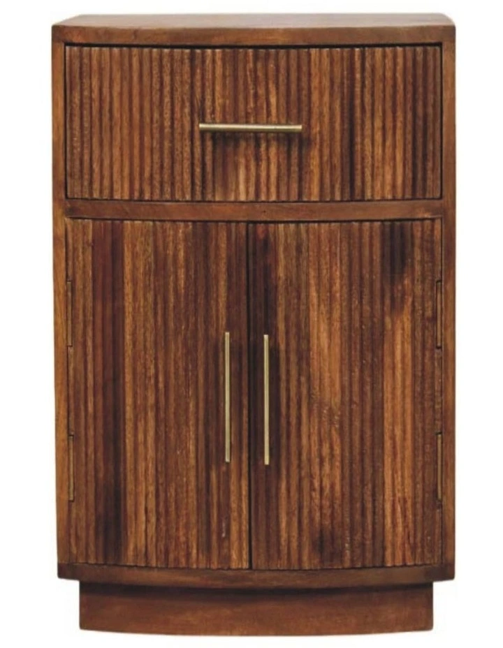 Solid Wood Solid Wood Curved Ribbed Bedside, 1 Drawer & 2 Shelves, Brown image 1