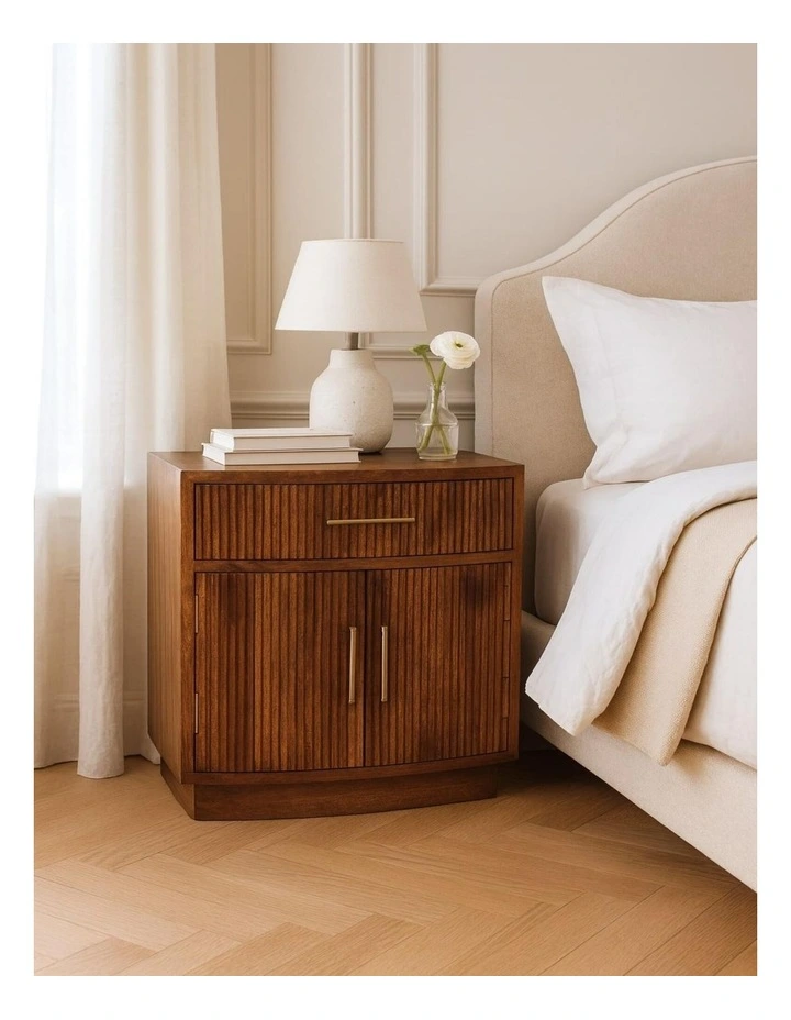 Solid Wood Solid Wood Curved Ribbed Bedside, 1 Drawer & 2 Shelves, Brown image 2