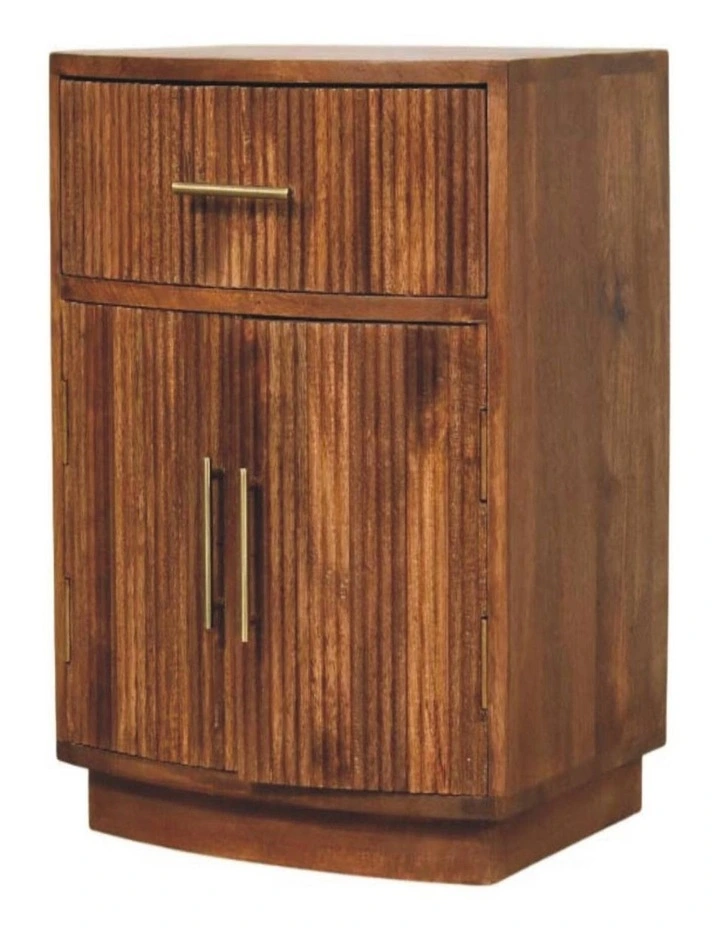 Solid Wood Solid Wood Curved Ribbed Bedside, 1 Drawer & 2 Shelves, Brown image 3