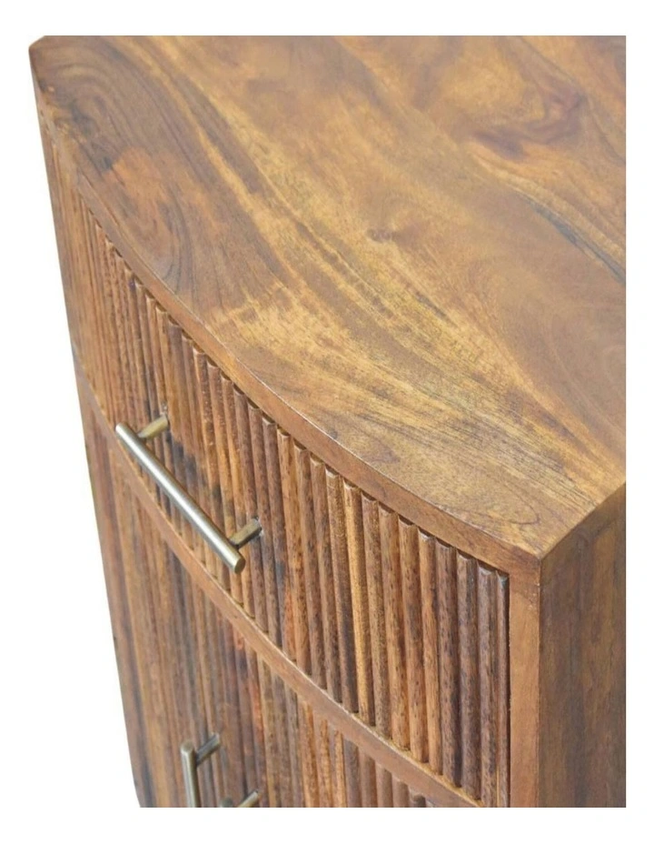 Solid Wood Solid Wood Curved Ribbed Bedside, 1 Drawer & 2 Shelves, Brown image 4