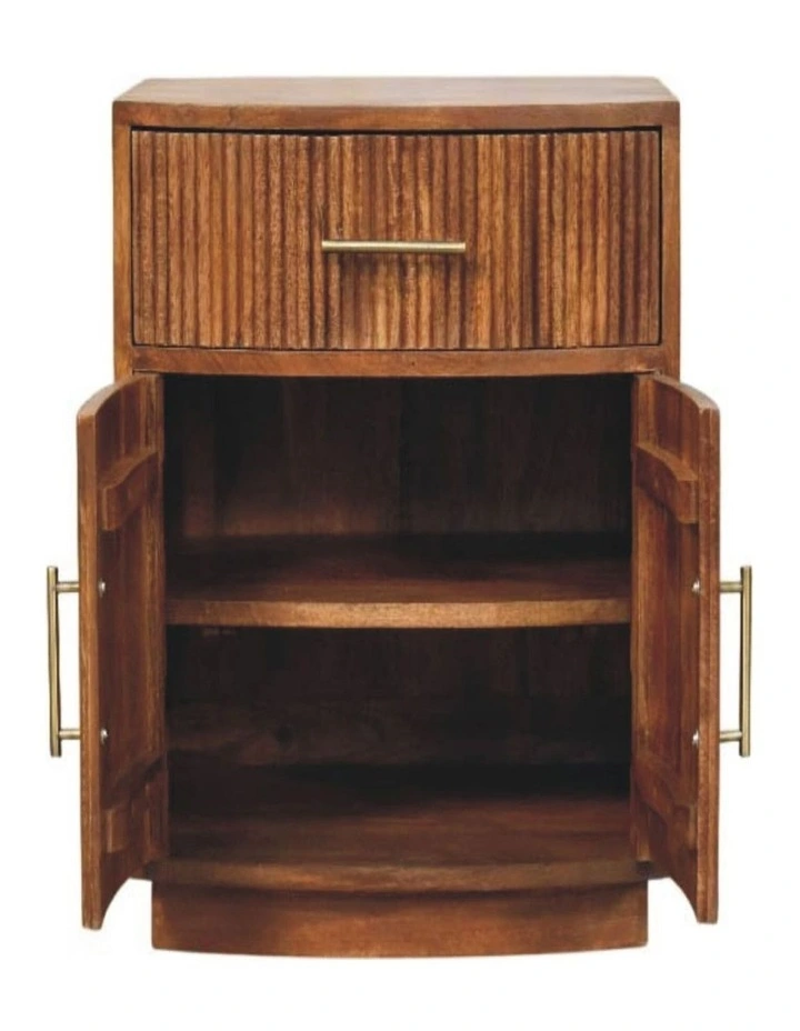 Solid Wood Solid Wood Curved Ribbed Bedside, 1 Drawer & 2 Shelves, Brown image 5