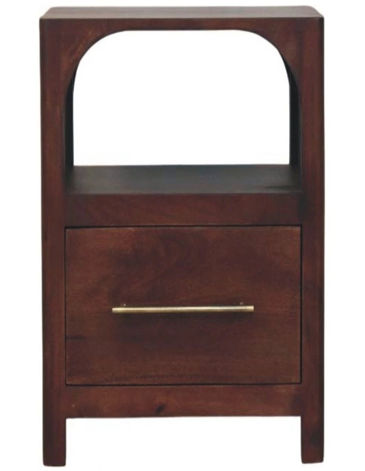 Solid Wood Arched Edge 1 Drawer Bedside, 1 Open Slot, Brown image 1