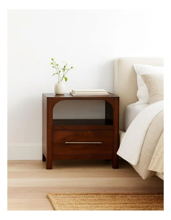 Solid Wood Arched Edge 1 Drawer Bedside, 1 Open Slot, Brown image 2
