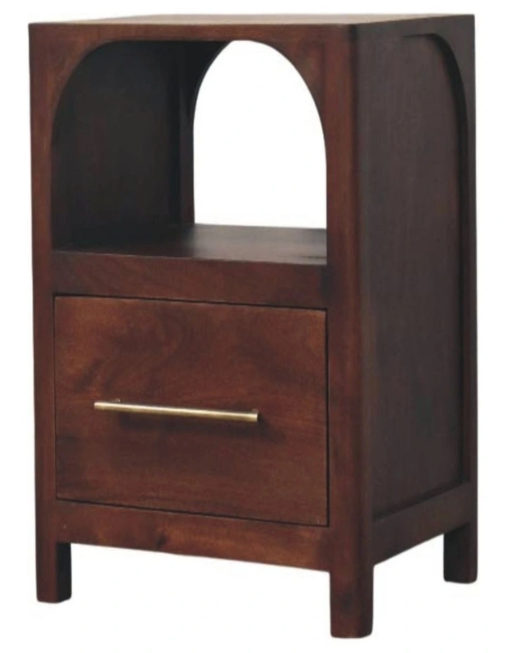 Solid Wood Arched Edge 1 Drawer Bedside, 1 Open Slot, Brown image 3
