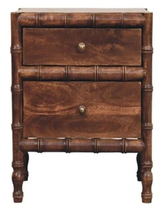 Solid Wood Bamboo Frame Nightstand in Roasted Almond, 2 Drawers, Dark Brown