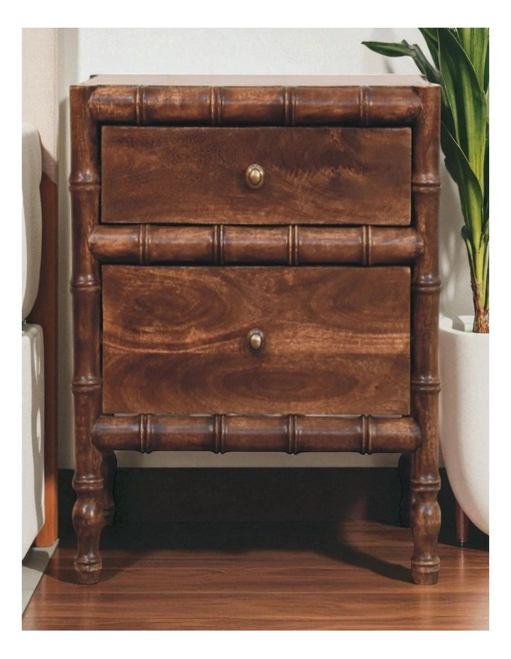 Solid Wood Bamboo Frame Nightstand in Roasted Almond, 2 Drawers, Dark Brown image 2