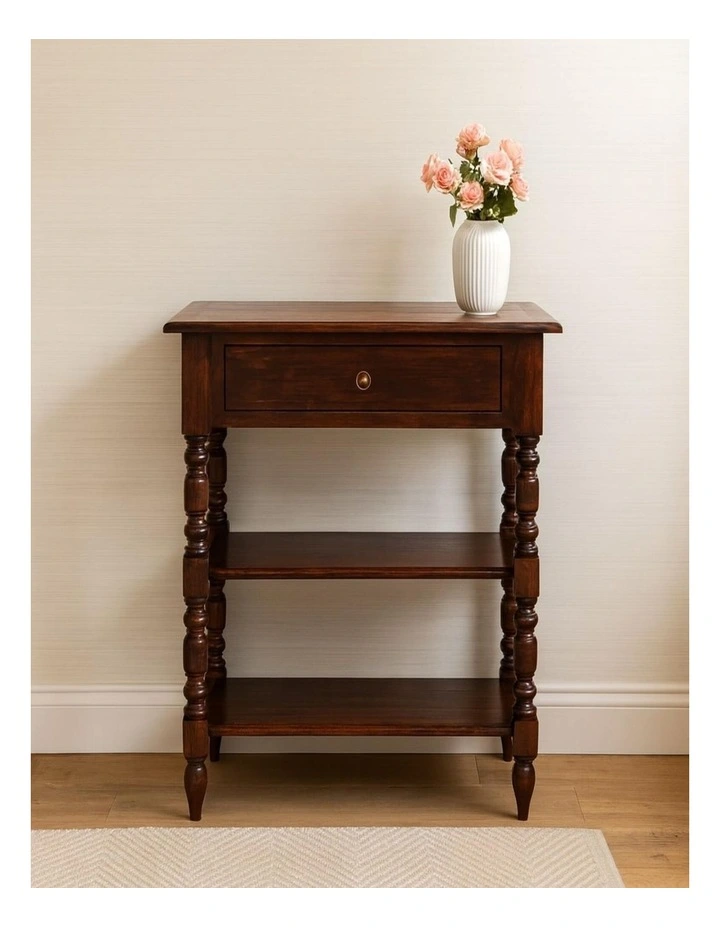 Solid Wood Turned Occasional Table, 1 Drawer, Brown image 2