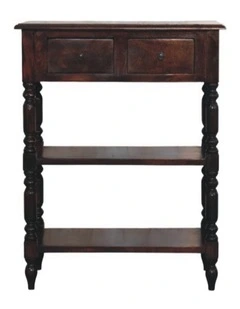 Solid Wood Turned legs Cherry Side Table, 2 Drawers, 2 Shelves, Dark Brown