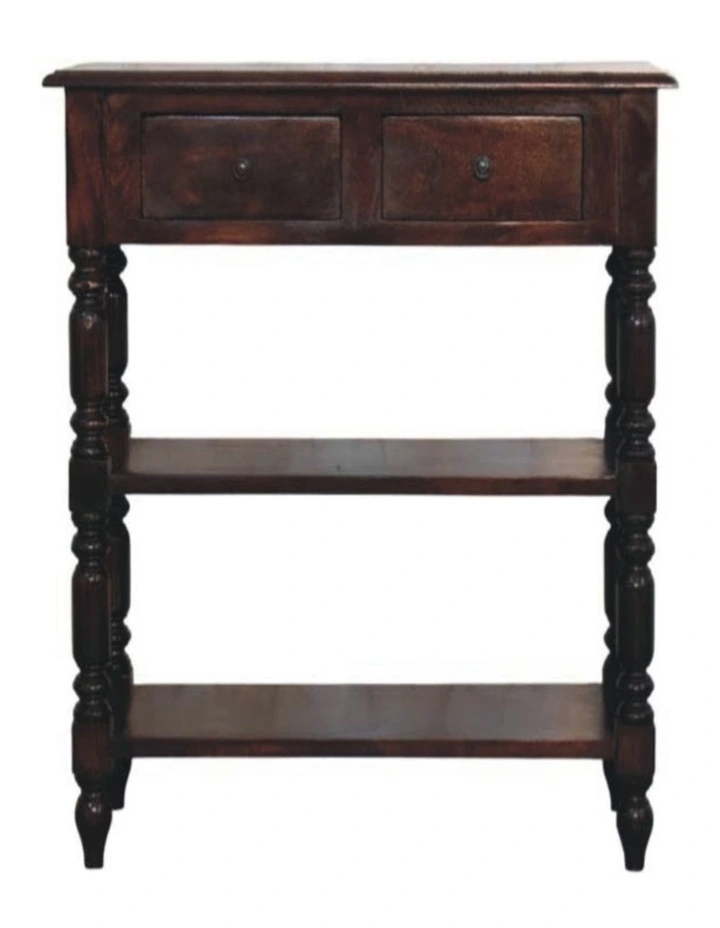 Solid Wood Turned legs Cherry Side Table, 2 Drawers, 2 Shelves, Dark Brown image 1