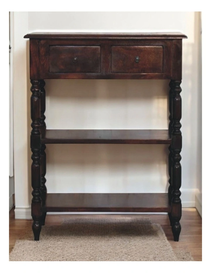 Solid Wood Turned legs Cherry Side Table, 2 Drawers, 2 Shelves, Dark Brown image 2