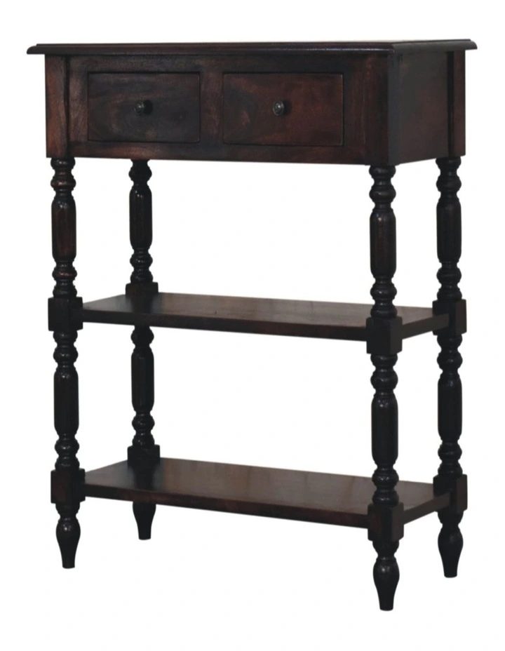 Solid Wood Turned legs Cherry Side Table, 2 Drawers, 2 Shelves, Dark Brown image 3