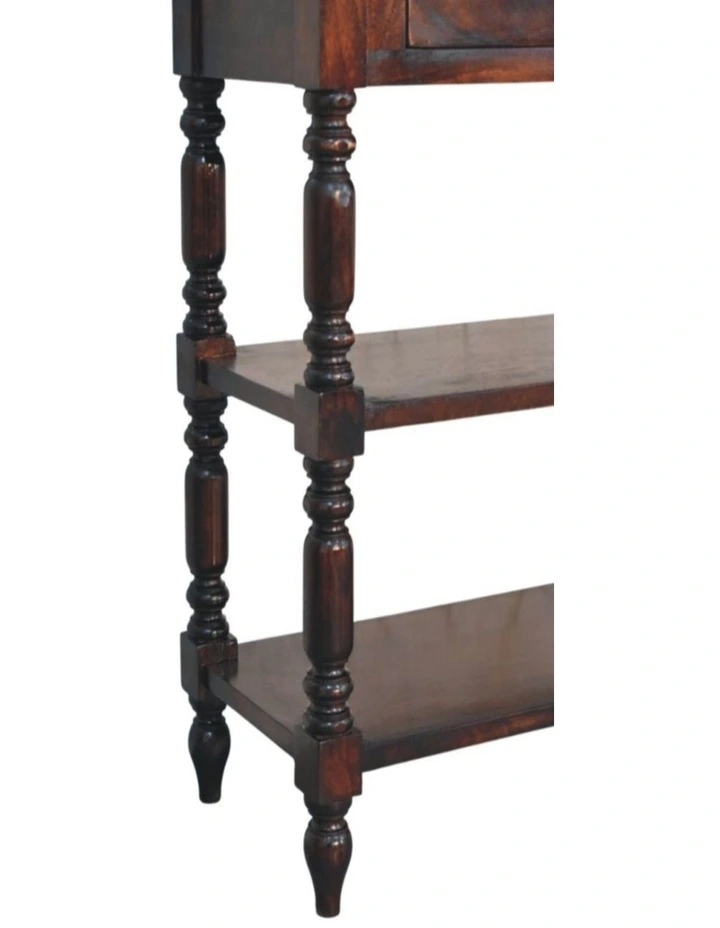 Solid Wood Turned legs Cherry Side Table, 2 Drawers, 2 Shelves, Dark Brown image 5