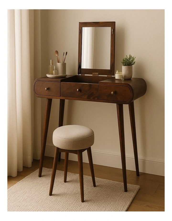Solid Wood Chestnut Mirror Dressing Table, Nordic Legs, 2 Drawers image 2