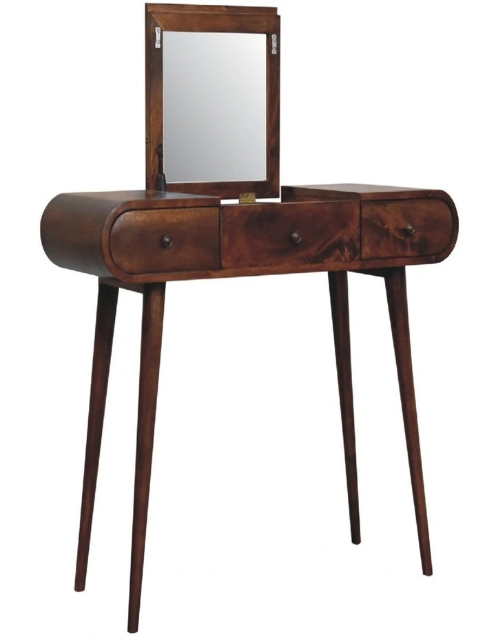 Solid Wood Chestnut Mirror Dressing Table, Nordic Legs, 2 Drawers image 3