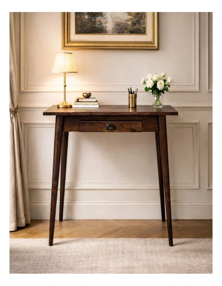 Solid Wood Chestnut Nordic Writing Desk, 1 Drawer, Brown image 2